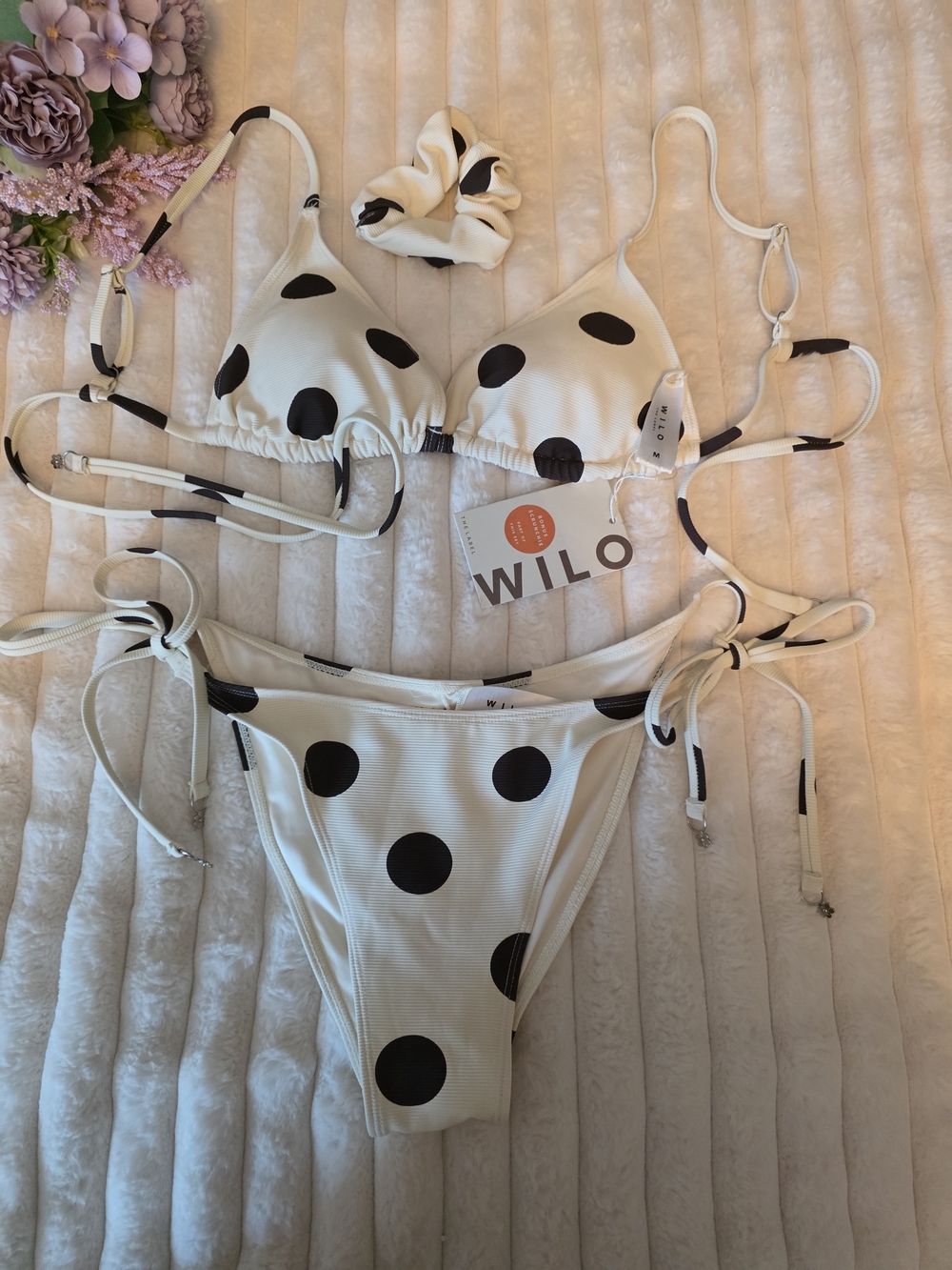 WILO Women's Cream and Black Polka Dot Tie Bikini Set